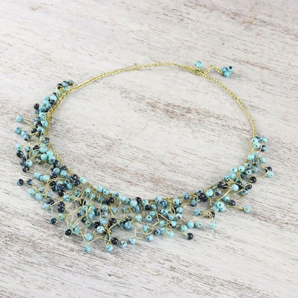 Alternate image for Glass Beaded Waterfall Necklace in Blue from Thailand Fantasy Rain in Blue