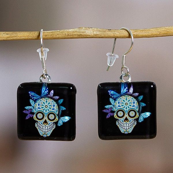 Alternate image for Decoupage on Glass Catrina Butterfly-Themed Dangle Earrings Butterfly Catrina