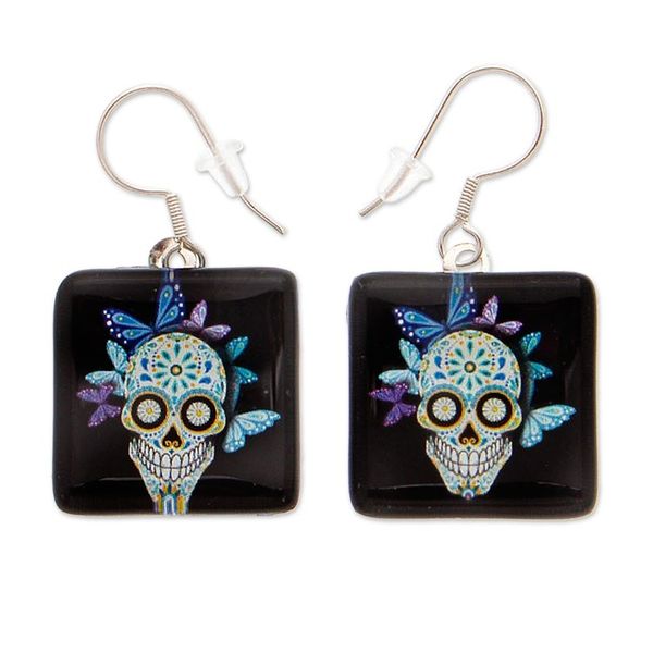 Alternate image for Decoupage on Glass Catrina Butterfly-Themed Dangle Earrings Butterfly Catrina