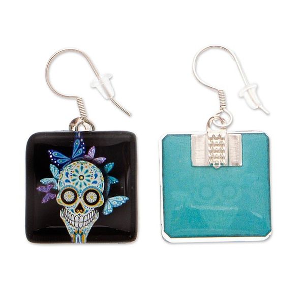 Alternate image for Decoupage on Glass Catrina Butterfly-Themed Dangle Earrings Butterfly Catrina