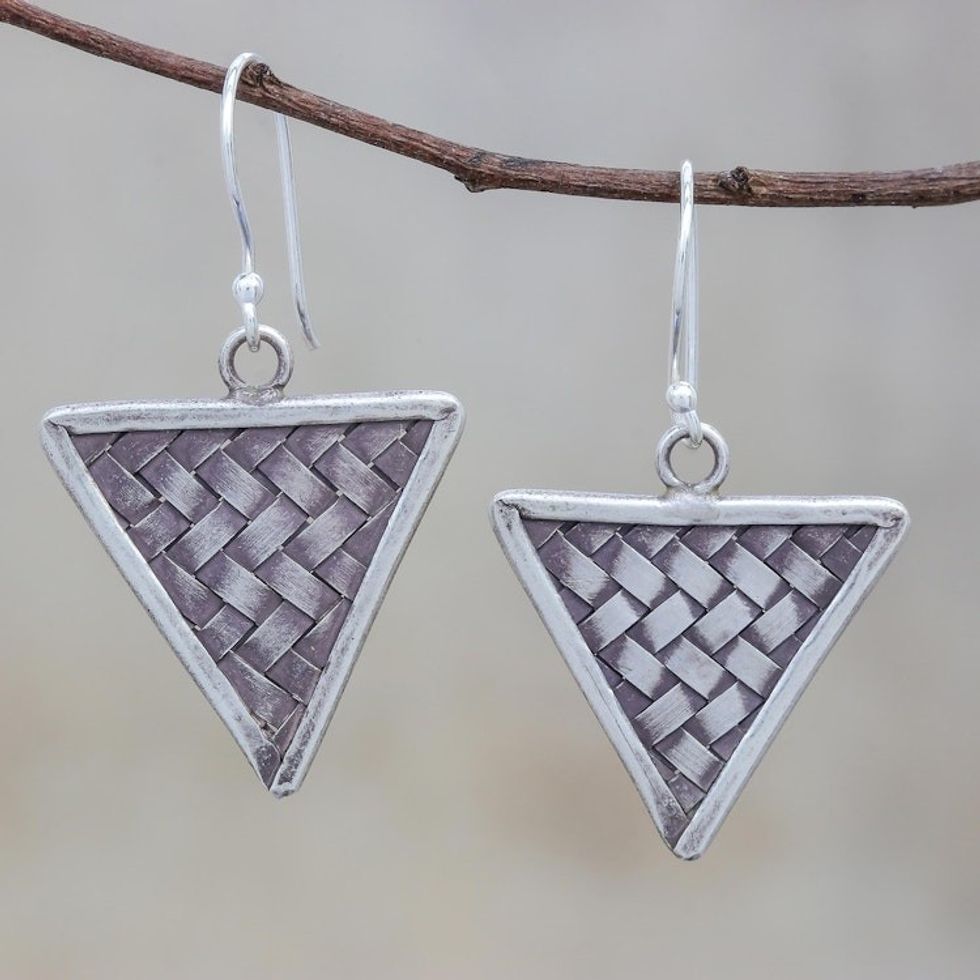 Weave Motif Karen Silver Dangle Earrings from Thailand 'Triangle Weave'