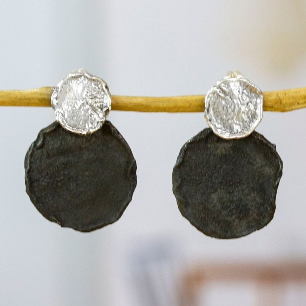 Modern Polished and Oxidized Sterling Silver Dangle Earrings 'Avant-Garde Earth'