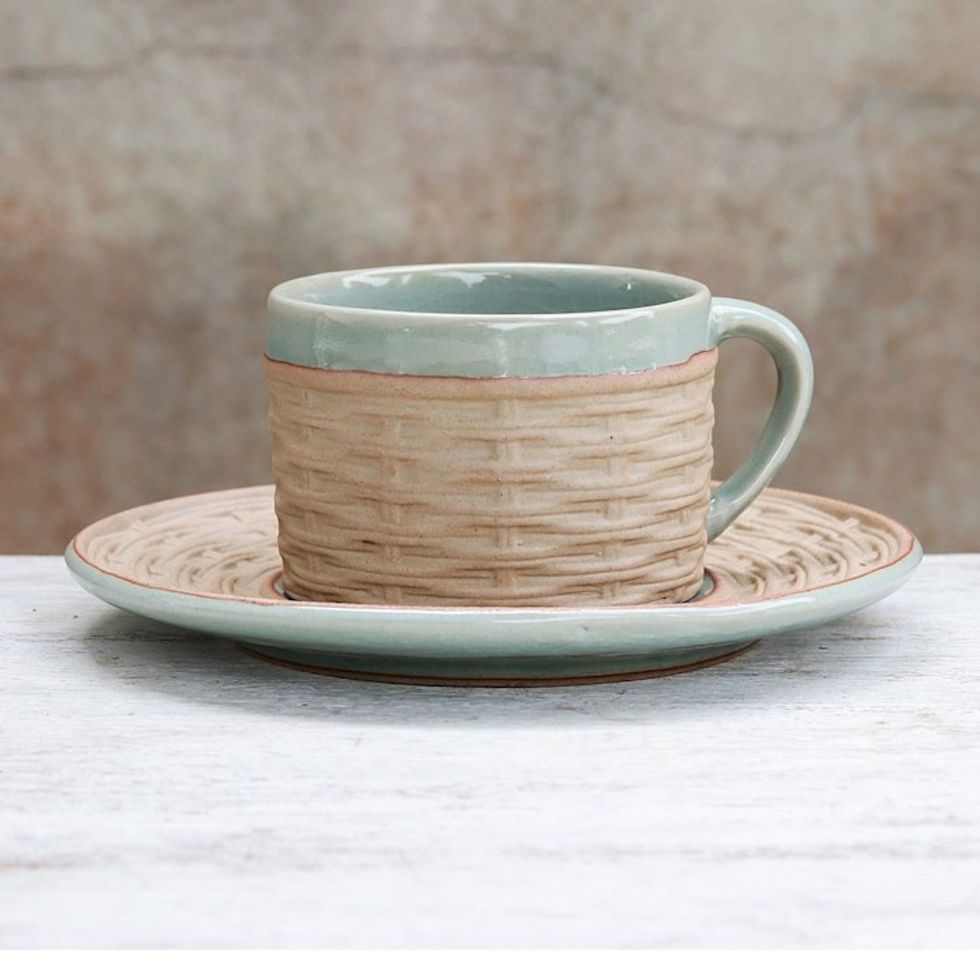Handcrafted Wicker Motif Celadon Ceramic Cup and Saucer 'Wicker in Green'