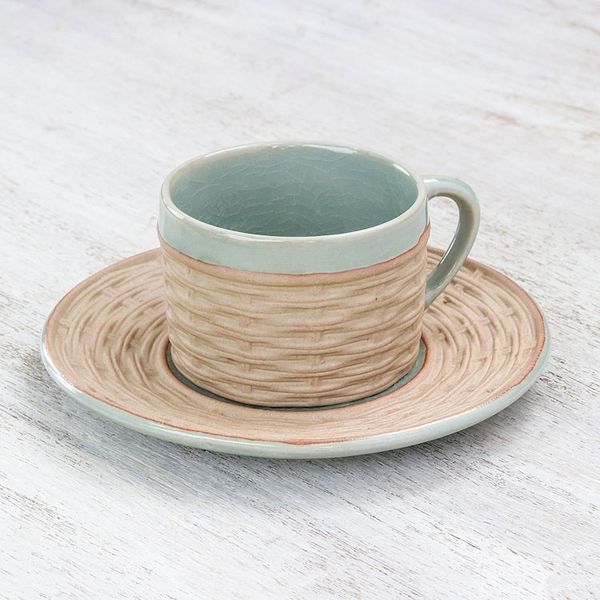Alternate image for Handcrafted Wicker Motif Celadon Ceramic Cup and Saucer Wicker in Green