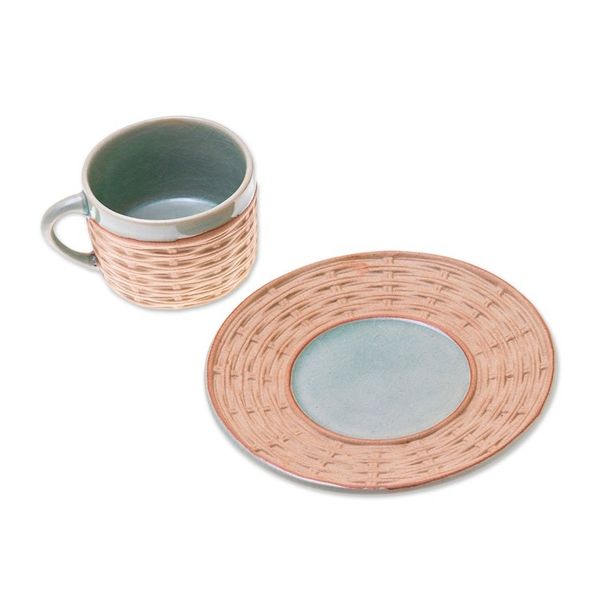 Alternate image for Handcrafted Wicker Motif Celadon Ceramic Cup and Saucer Wicker in Green