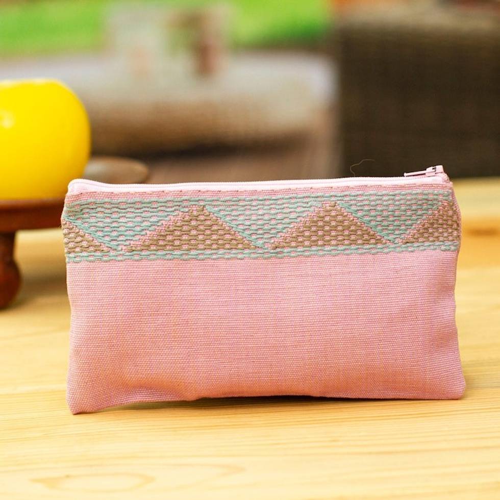 Triangle-Patterned Aloe and Pink 100 Cotton Coin Purse 'Aloe Pink'