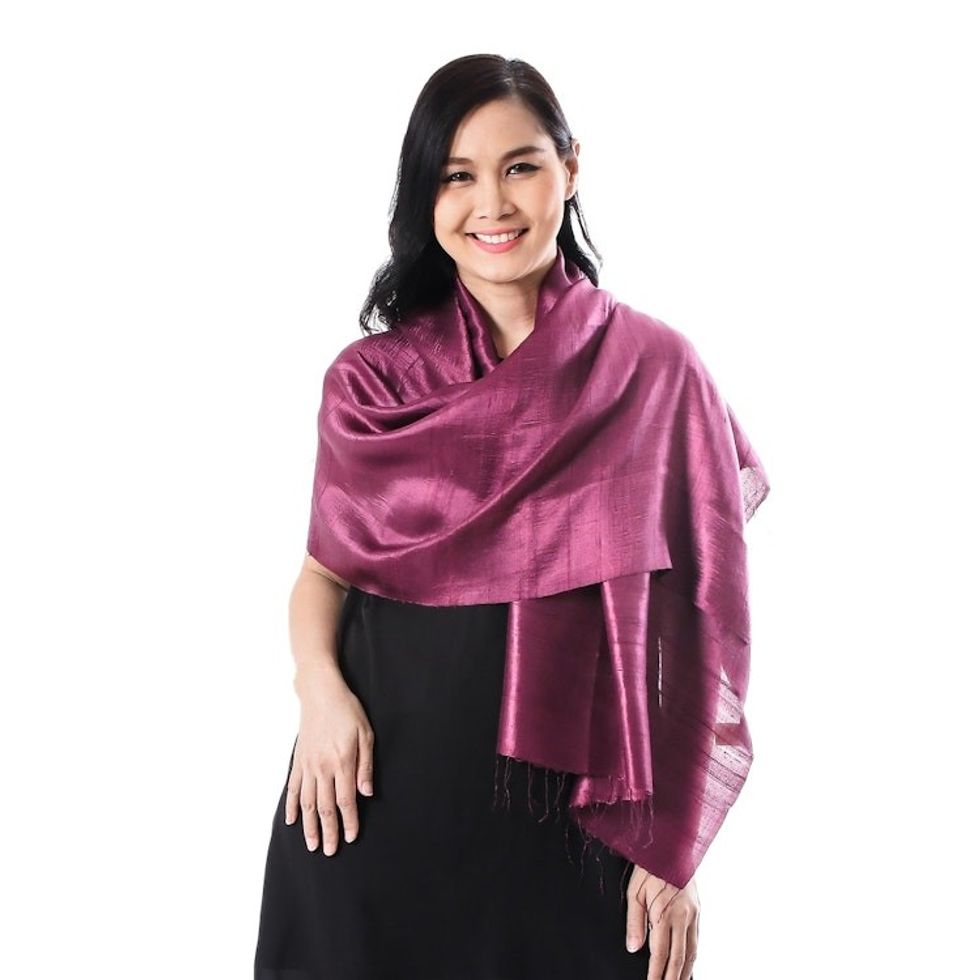 Silk Wrap Scarf in Solid Plum from Thailand 'Otherworldly in Plum'