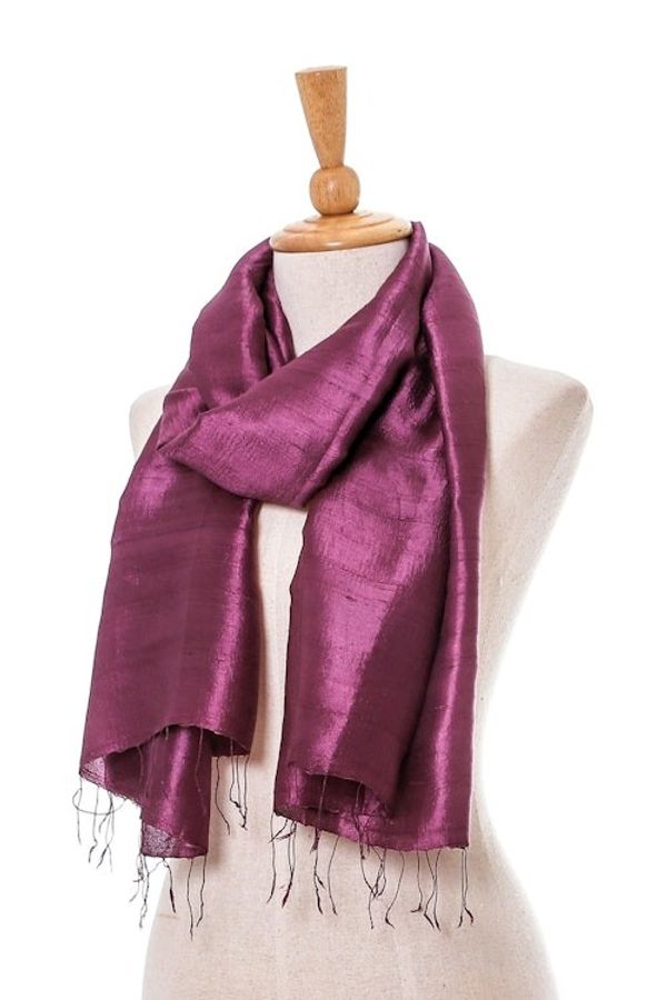 Alternate image for Silk Wrap Scarf in Solid Plum from Thailand Otherworldly in Plum