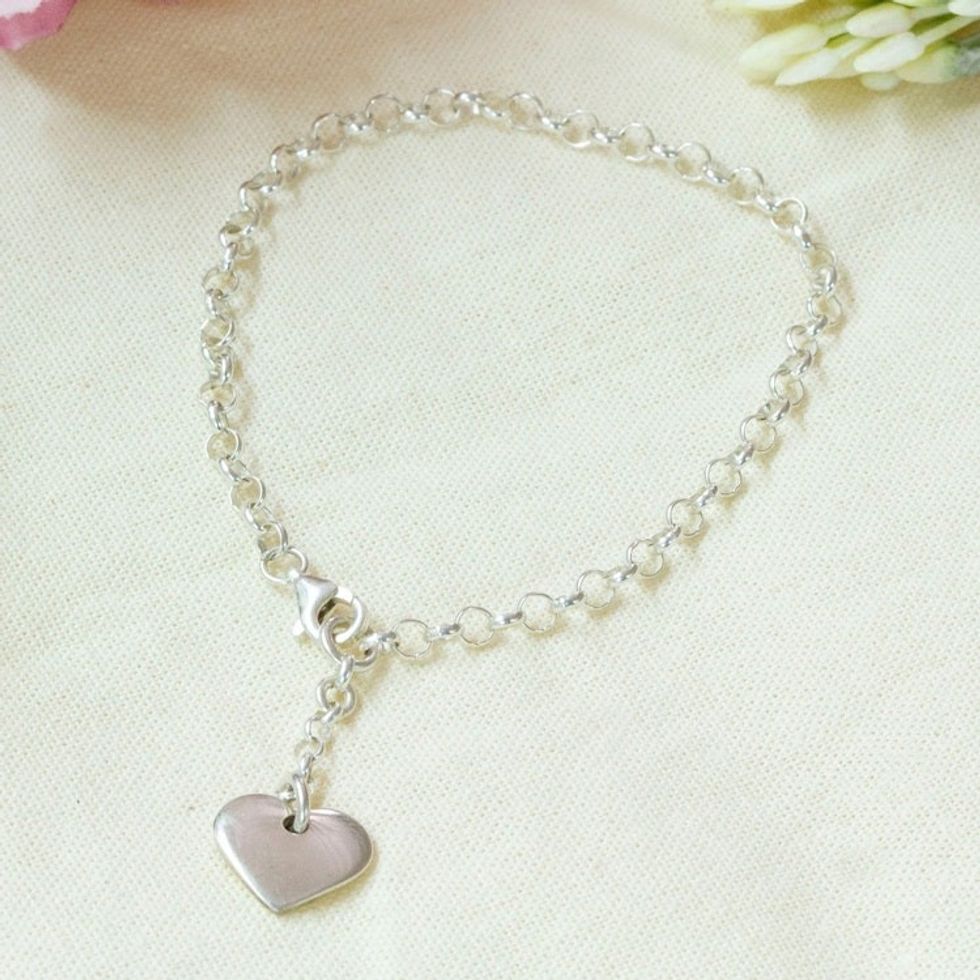 Heart-Themed Taxco Silver Charm Bracelet from Mexico 'Chained Heart'