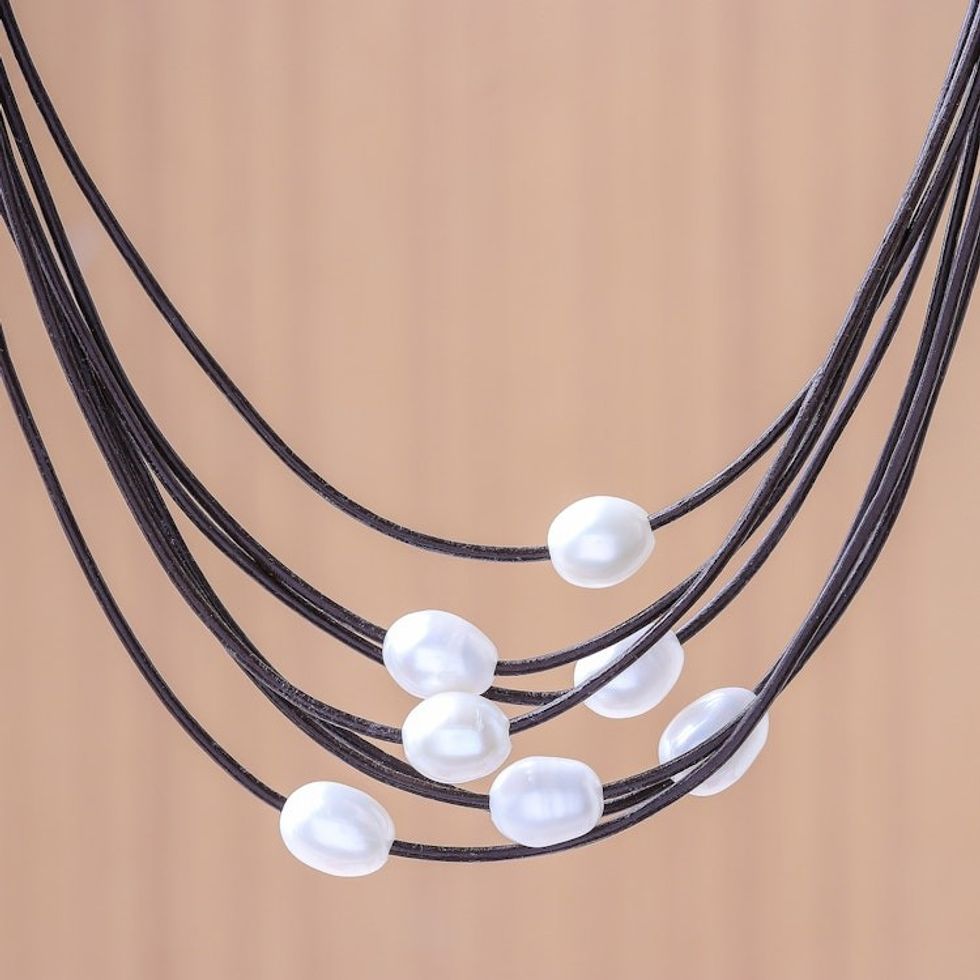 Cultured Pearl Pendant Necklace on Brown Cord from Thailand 'Luminous Pebbles in Brown'