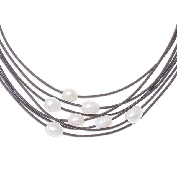 Alternate image for Cultured Pearl Pendant Necklace on Brown Cord from Thailand Luminous Pebbles in Brown