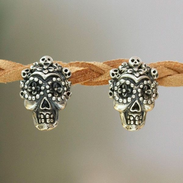 Alternate image for Day of the Dead Folk Art Godmother Button Earrings Godmother Skull