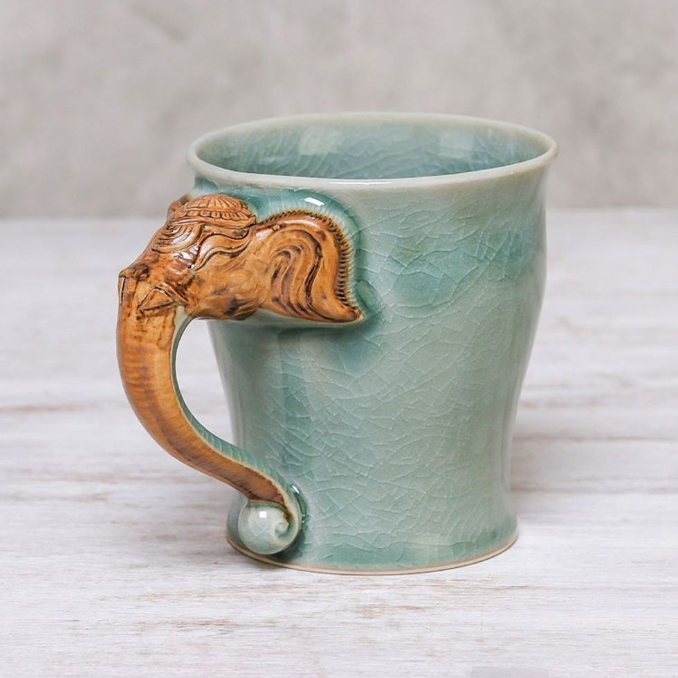 Celadon Ceramic Elephant Mug in Green from Thailand 10 oz. 'Elephant Handle in Green'