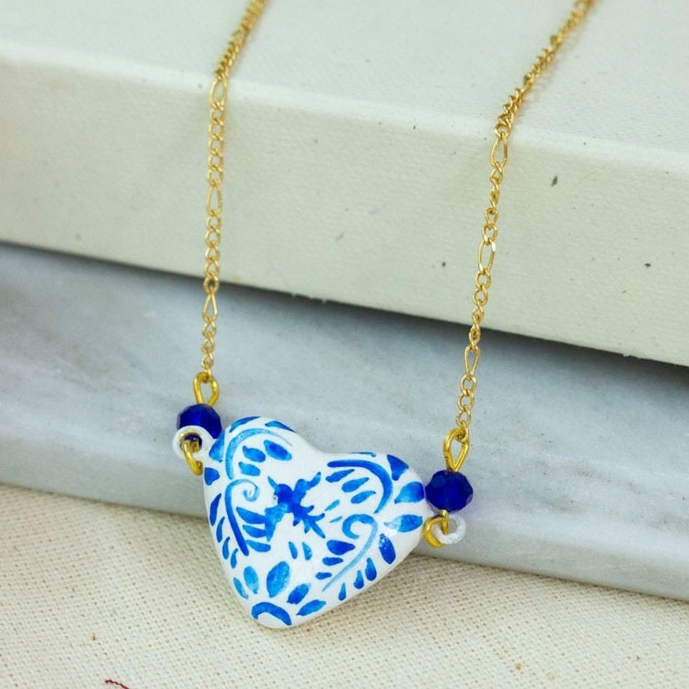 Gold-Plated Papier Mache Talavera Style Heart Necklace 'Blue Talavera Heart'