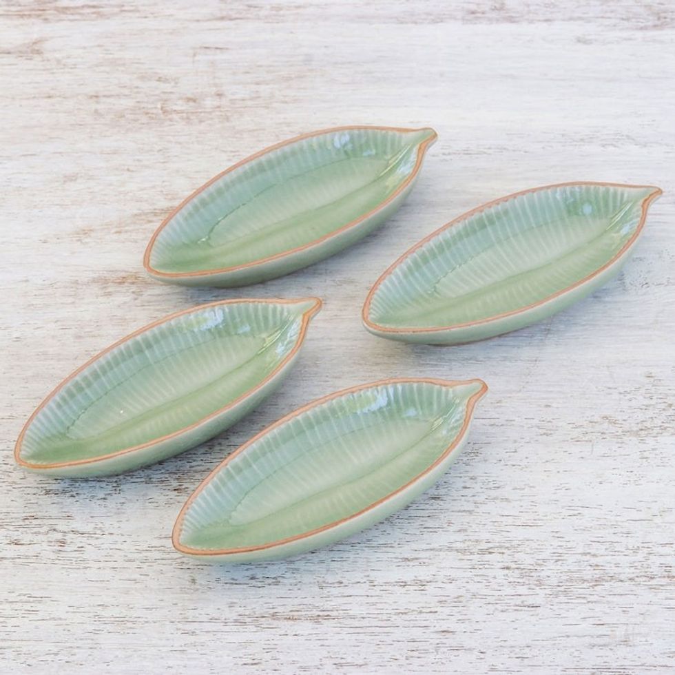Leaf-Shaped Celadon Ceramic Appetizer Bowls Set of 4 'Festive Banana'