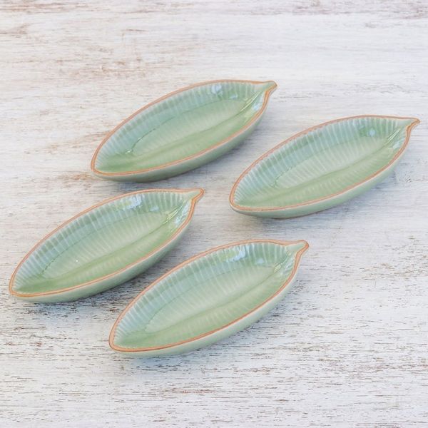 Alternate image for Leaf-Shaped Celadon Ceramic Appetizer Bowls Set of 4 Festive Banana