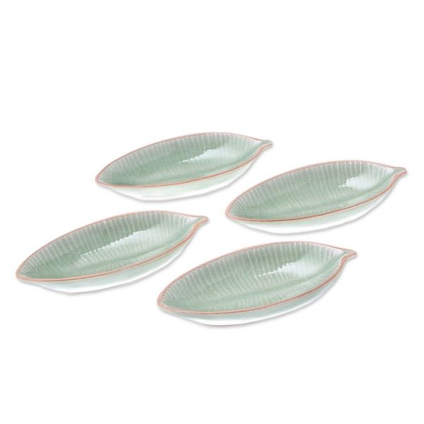 Alternate image for Leaf-Shaped Celadon Ceramic Appetizer Bowls Set of 4 Festive Banana