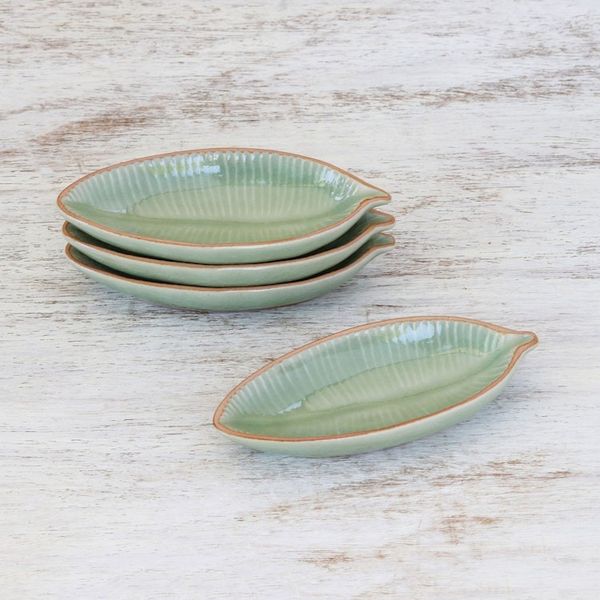 Alternate image for Leaf-Shaped Celadon Ceramic Appetizer Bowls Set of 4 Festive Banana