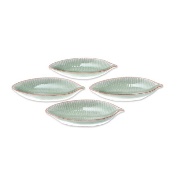 Alternate image for Leaf-Shaped Celadon Ceramic Appetizer Bowls Set of 4 Festive Banana