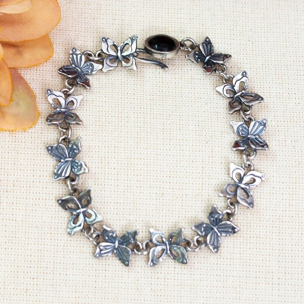 Natural Onyx and Sterling Silver Butterfly Link Bracelet 'Nocturnal Flutters'