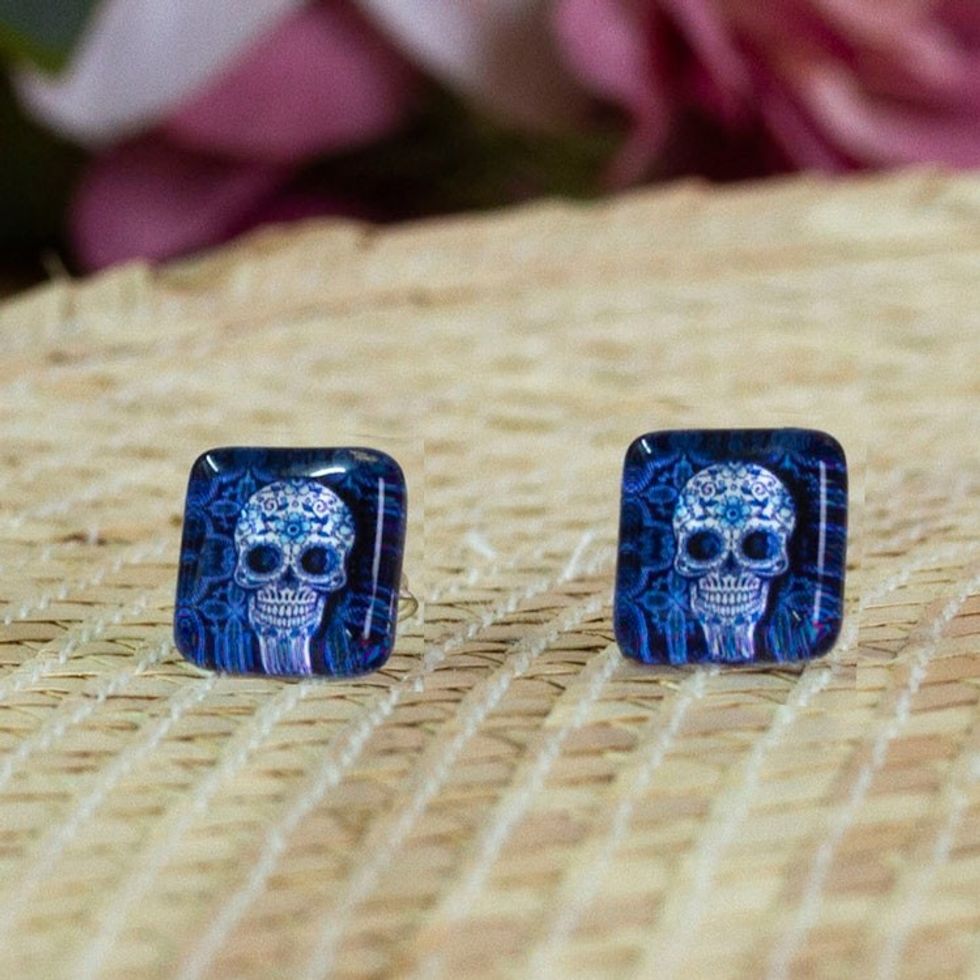 Skull-Themed Blue and White Decoupage on Glass Stud Earrings 'Stunning Skull'