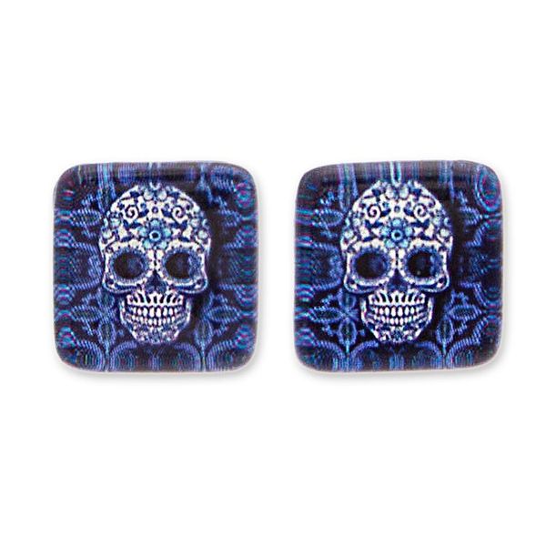 Alternate image for Skull-Themed Blue and White Decoupage on Glass Stud Earrings Stunning Skull