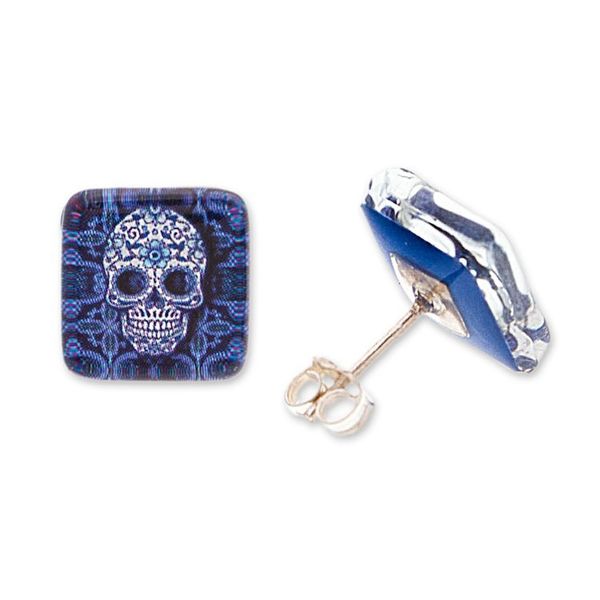 Alternate image for Skull-Themed Blue and White Decoupage on Glass Stud Earrings Stunning Skull