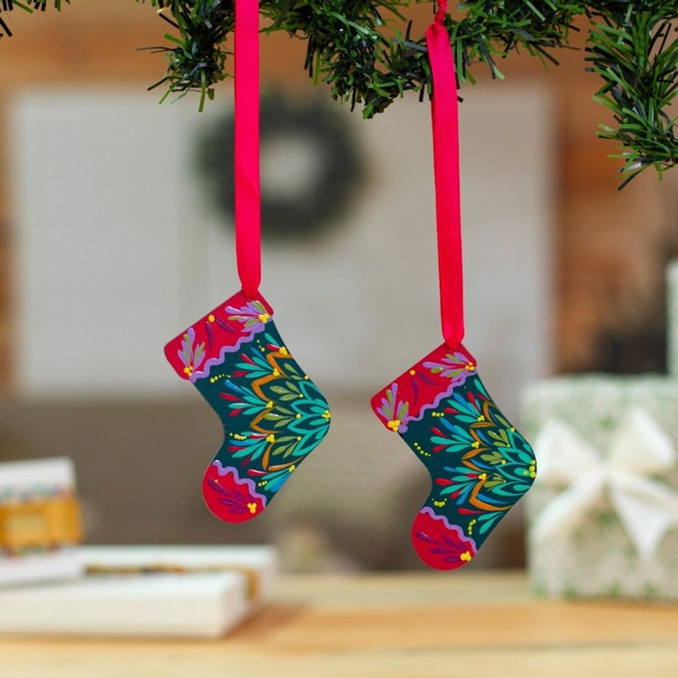 Holiday-Themed Painted Wood Christmas Stocking Ornament Pair 'Holiday Gifts'