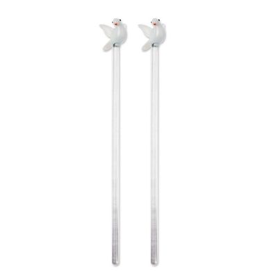 Alternate image for Set of 2 Hand Blown Recycled Glass Dove Drink Stirrers Dove Cheers