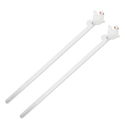 Alternate image for Set of 2 Hand Blown Recycled Glass Dove Drink Stirrers Dove Cheers