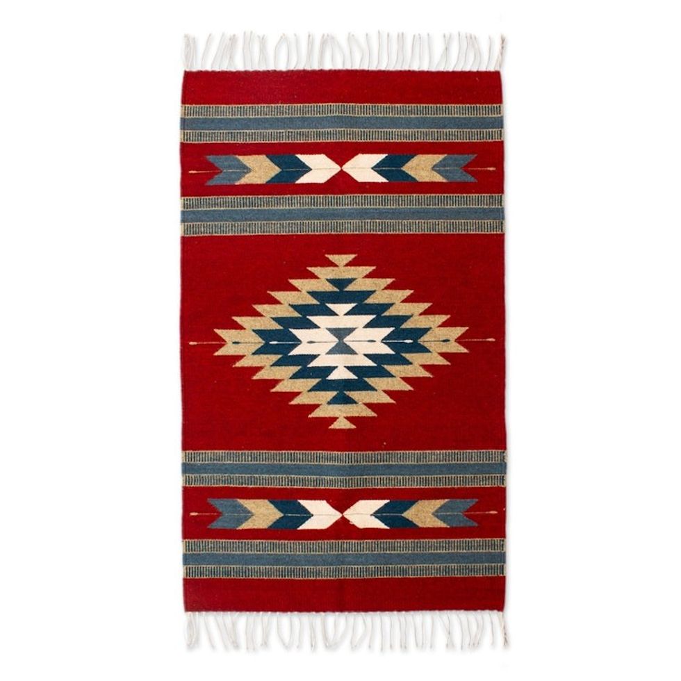 Artisan-Made Zapotec-Themed Russet and Blue Wool Rug 2.5x4 'Russet Gem'