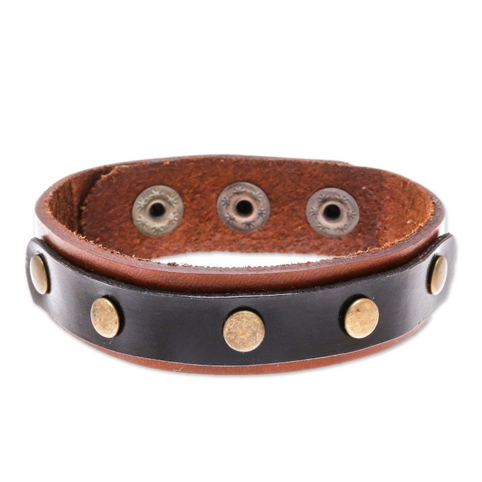 Black and Brown Studded Leather Wristband Bracelet 'Striking Studs'
