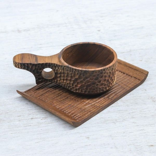 Alternate image for Handmade Teak Wood Cup and Saucer in Dark Brown Natural Blend in Dark Brown