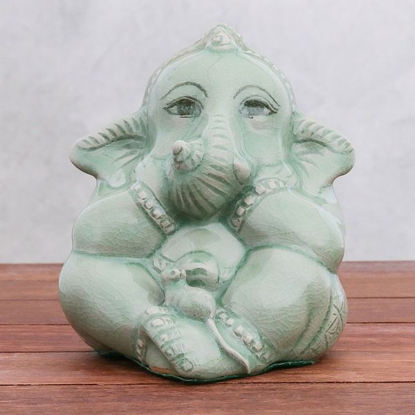 Alternate image for Green Celadon Ceramic Ganesha Sculpture from Thailand Ganesha and the Mouse