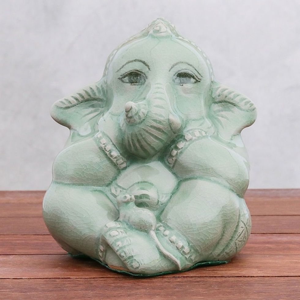 Green Celadon Ceramic Ganesha Sculpture from Thailand 'Ganesha and the Mouse'