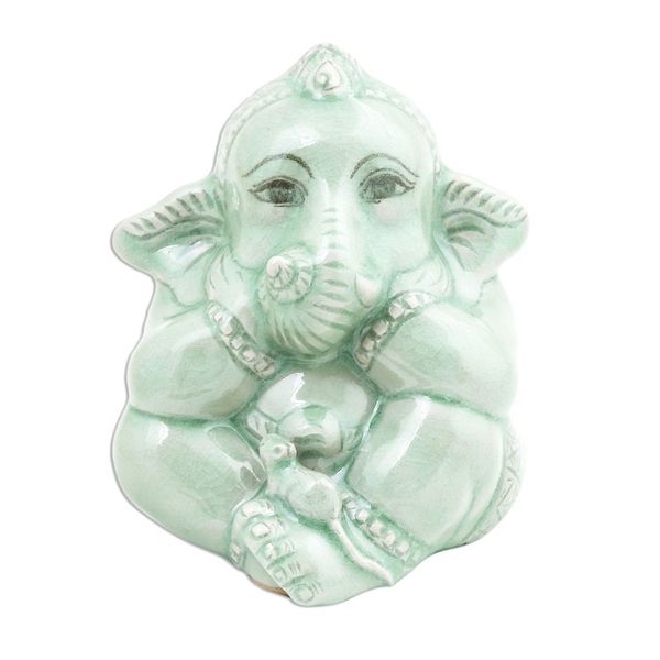 Alternate image for Green Celadon Ceramic Ganesha Sculpture from Thailand Ganesha and the Mouse