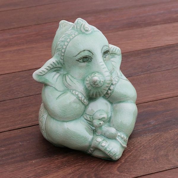 Alternate image for Green Celadon Ceramic Ganesha Sculpture from Thailand Ganesha and the Mouse
