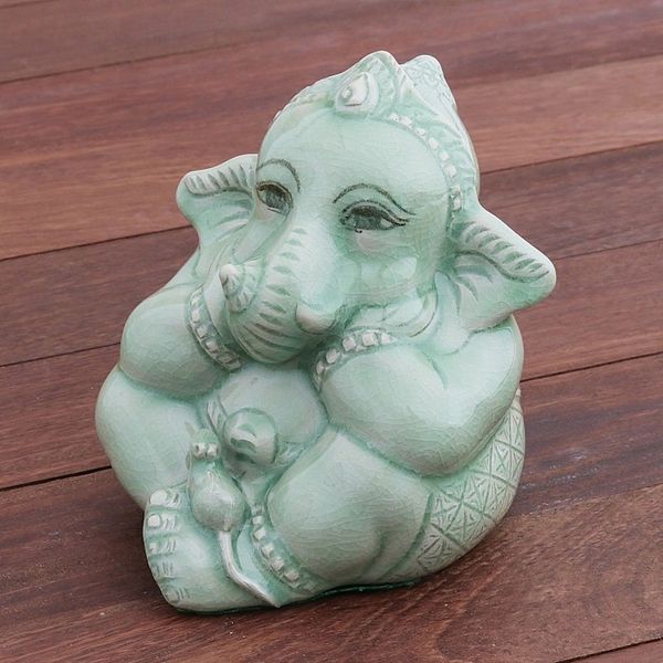 Alternate image for Green Celadon Ceramic Ganesha Sculpture from Thailand Ganesha and the Mouse