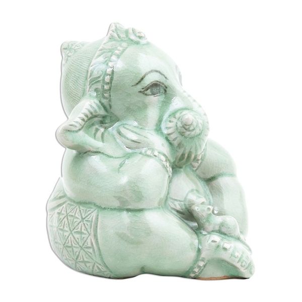 Alternate image for Green Celadon Ceramic Ganesha Sculpture from Thailand Ganesha and the Mouse
