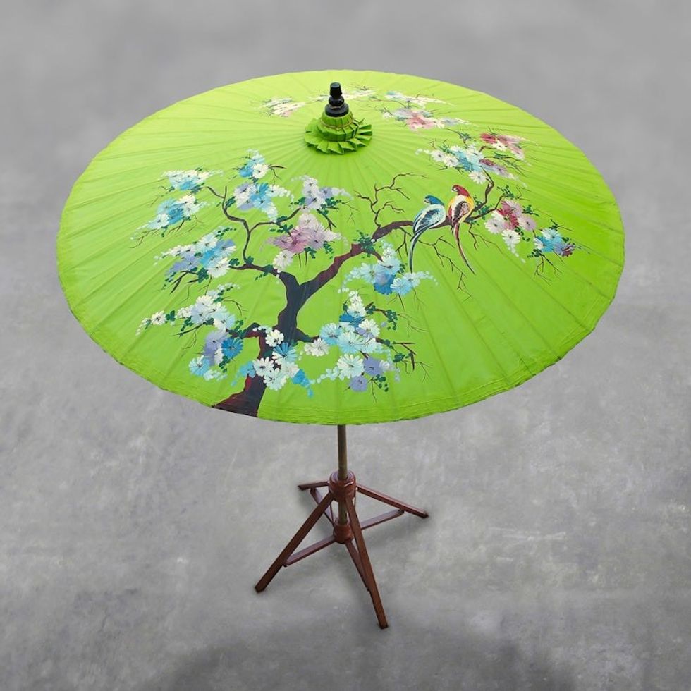 Floral Cotton and Bamboo Parasol in Spring Green 'Catch My Eye'