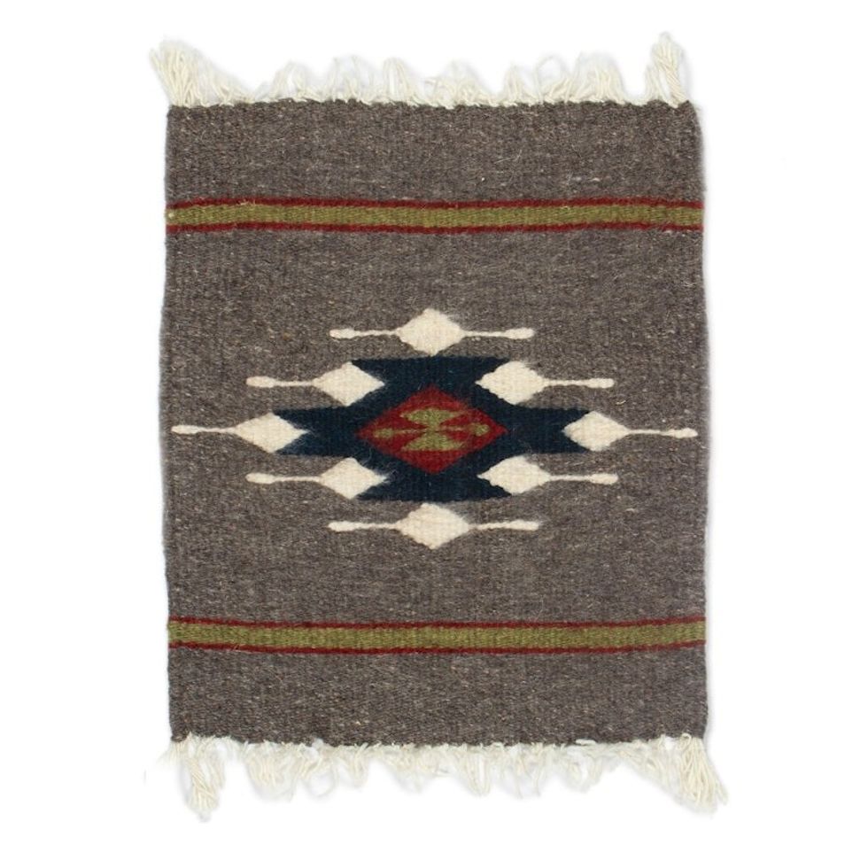 Diamond-Patterned Dark Grey and Green 100 Wool Table Mat 'Diamond of Harmony'