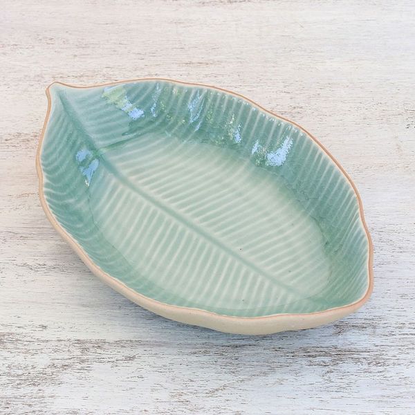 Alternate image for Leaf-Shaped Celadon Ceramic Serving Bowl from Thailand Thai Leaf