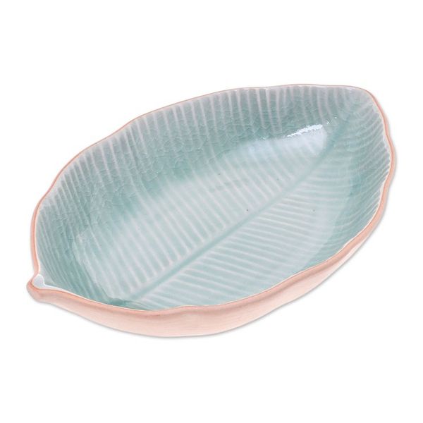 Alternate image for Leaf-Shaped Celadon Ceramic Serving Bowl from Thailand Thai Leaf