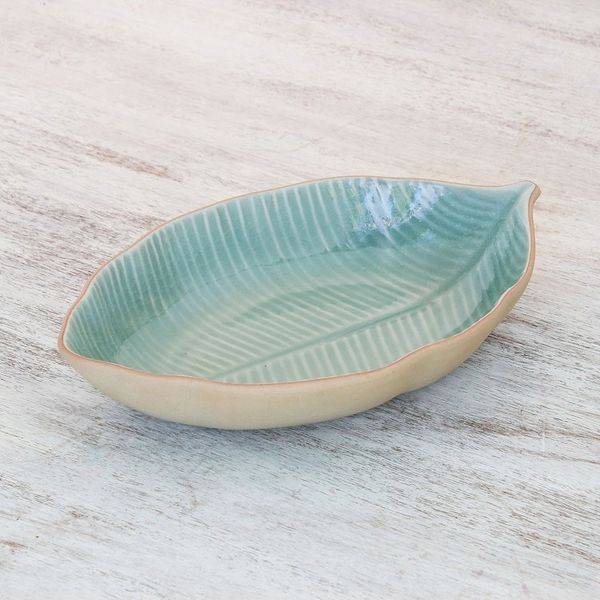 Alternate image for Leaf-Shaped Celadon Ceramic Serving Bowl from Thailand Thai Leaf