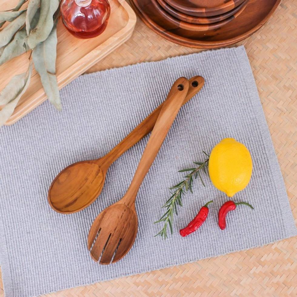 Handmade Teak Wood Salad Spoons from Thailand Pair 'Salad Dream'