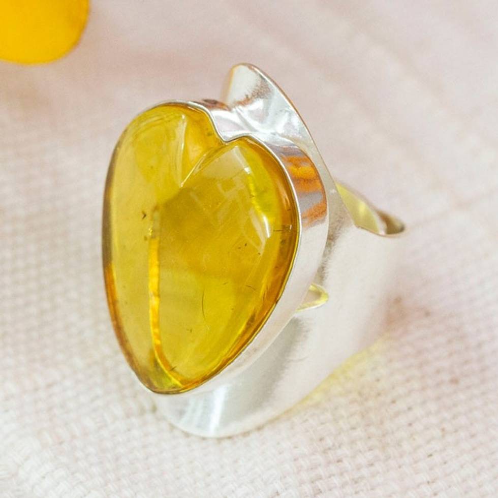 Sterling Silver Adjustable Cocktail Ring with Heart Amber 'Lovely Glam'