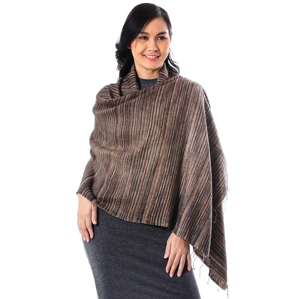 Striped Silk and Cotton Blend Shawl in Brown from Thailand 'Gorgeous Stripes in Brown'