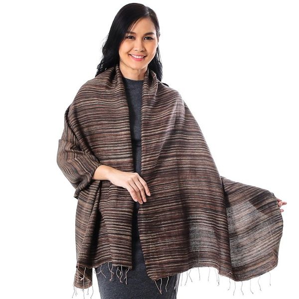 Alternate image for Striped Silk and Cotton Blend Shawl in Brown from Thailand Gorgeous Stripes in Brown