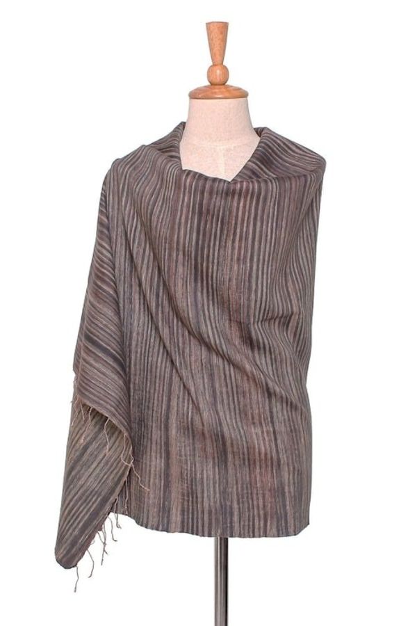 Alternate image for Striped Silk and Cotton Blend Shawl in Brown from Thailand Gorgeous Stripes in Brown