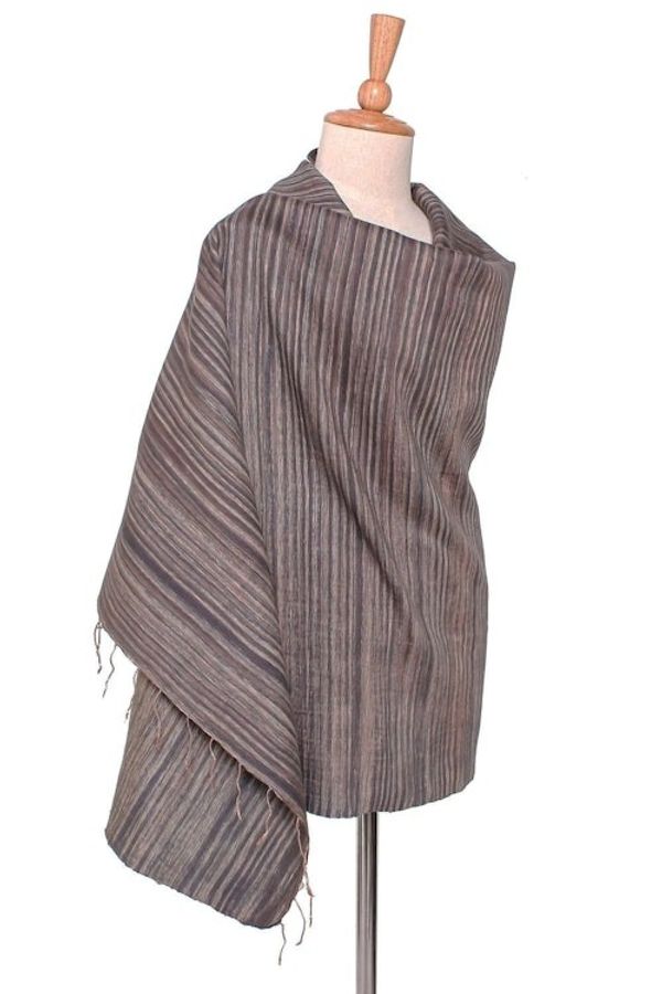 Alternate image for Striped Silk and Cotton Blend Shawl in Brown from Thailand Gorgeous Stripes in Brown